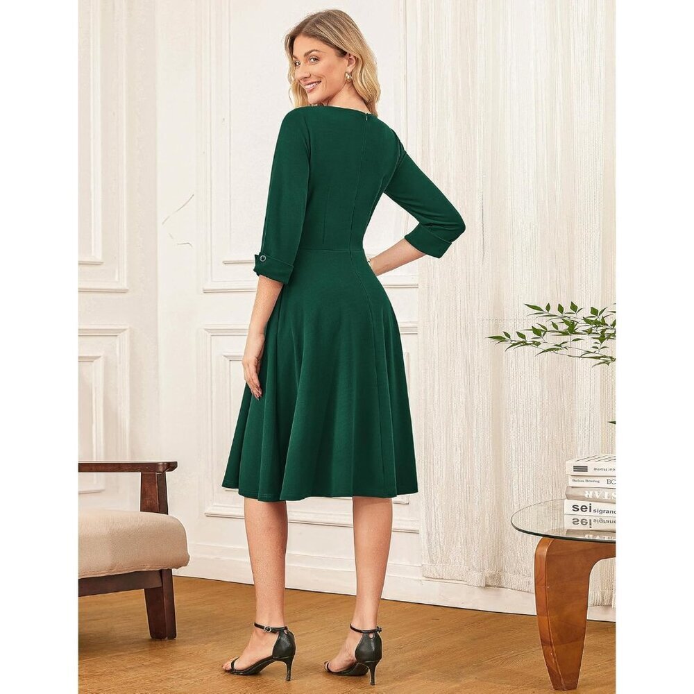 Grace Karin Women Green 3/4 Sleeve Fit and Flare Classy Dress with Pockets - Picture 4 of 4
